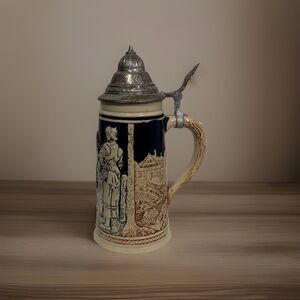 Vintage German Beer Stein Ceramic Design Blue and Beige With Silver Metal Lid